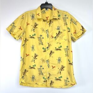 VTG Hang Ten‎ Tiki Print Yellow Short Sleeve Button Down Summer Party Shirt Sz L